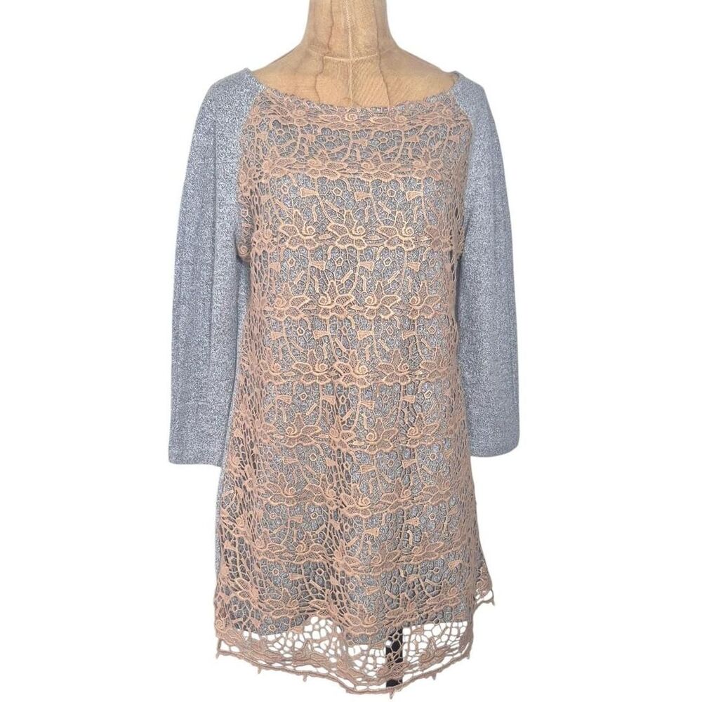 Dolan Anthropologie Grey Tan T-Shirt Dress Lace Size Medium
